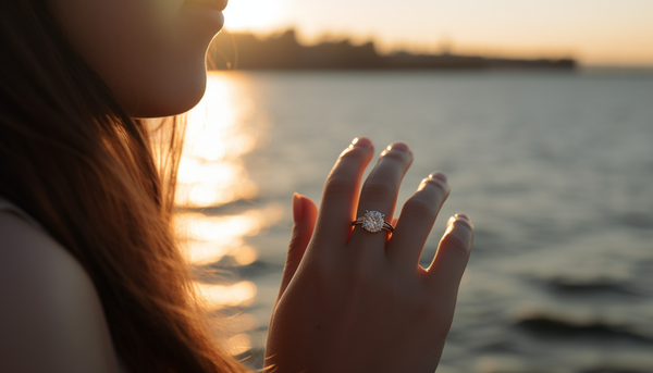 woman wearing a solitaire moissanite engagement ring while watching the sunset by the lake