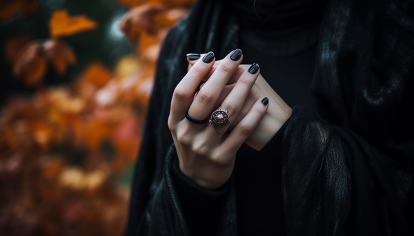 woman with black nails wearing a black-plated fashion ring