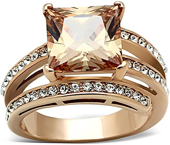 6 - IP Rose Gold Stainless Steel Champagne CZ Cocktail Ring