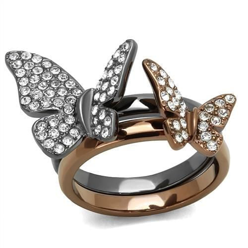 Stainless Steel IP Light Black & IP Light Coffee Women Top Grade Crystal Clear Butterfly Ring Set