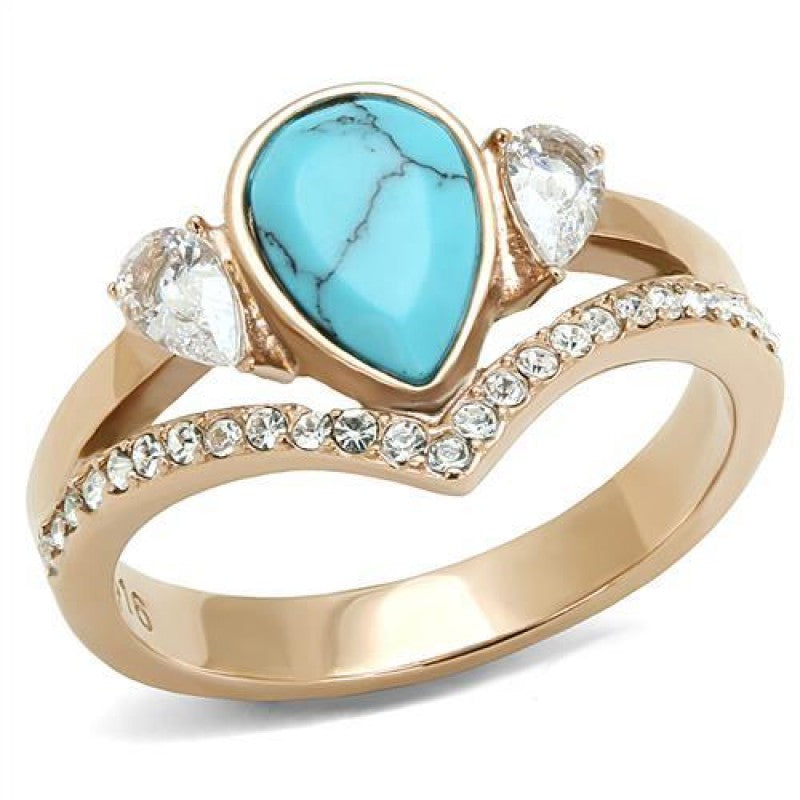 CJ3200 Wholesale Women's Stainless Steel IP Rose Gold Synthetic Turquoise Minimal Ring from CeriJewelry