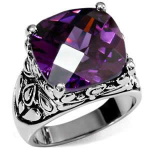 Stainless Steel Ornate Amethyst Cushion Cut CZ Cocktail Ring