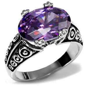 Stainless Steel Ornate Oval Amethyst CZ Cocktail Ring