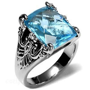 CJ7706OS Wholesale Stainless Steel Ornate Aquamarine Rectangle CZ Cocktail Ring