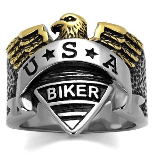 Men's Stainless Steel Two-Tone IP Gold Epoxy Jet U.S.A. Biker Ring