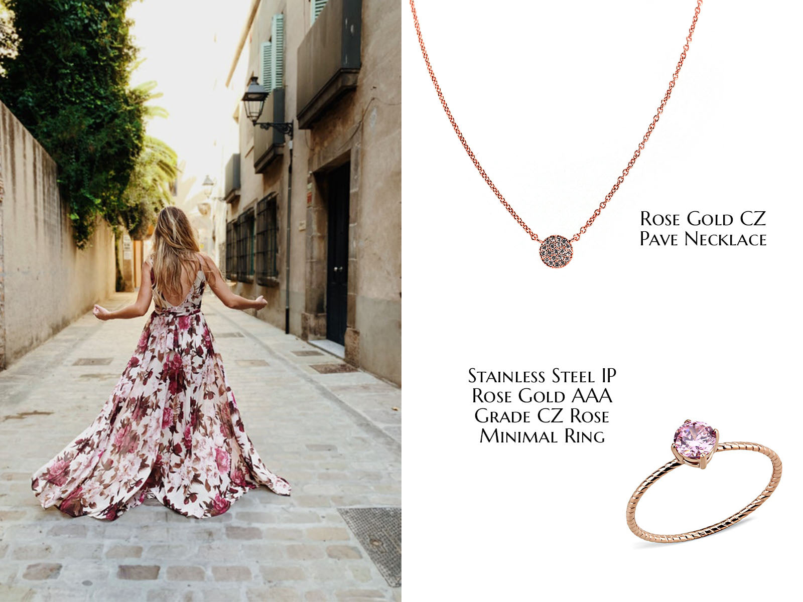 Woman in pink and white floral dress on one side of the photo, and CeriJewelry Rose Gold CZ Pave Necklace and Stainless Steel IP Rose Gold AAA Grade CZ Rose Minimal Ring on the other side