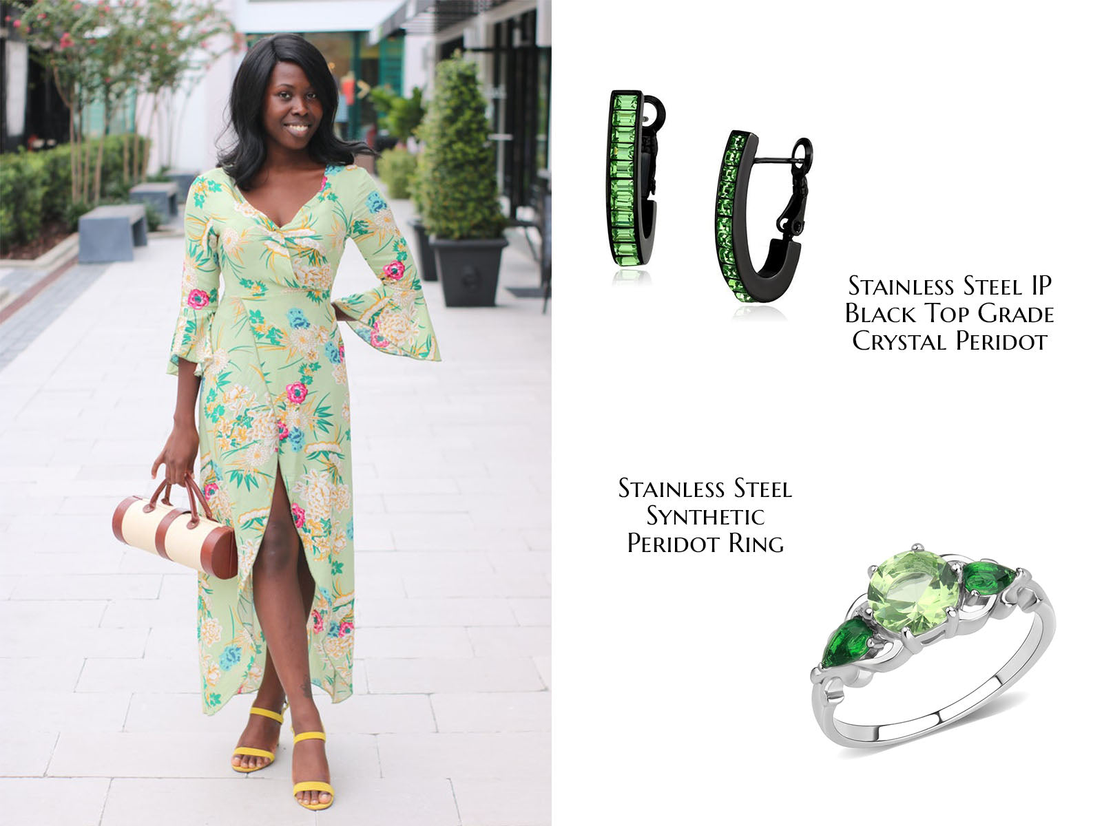Woman wearing a green floral dress on one side of the photo and CeriJewelry's Stainless Steel IP Black Top Grade Crystal Peridot Earrings and Stainless Steel Synthetic Peridot Ring on the other side