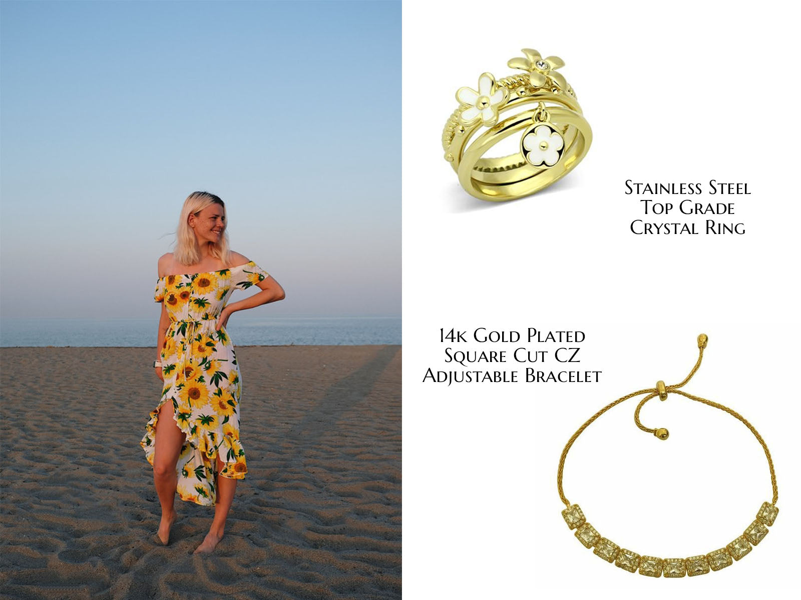 Woman in yellow floral dress on one side of the pic, and CeriJewelry Stainless Steel Top Grade Crystal Ring and 14k Gold Plated Square Cut CZ Adjustable Bracelet on the other side