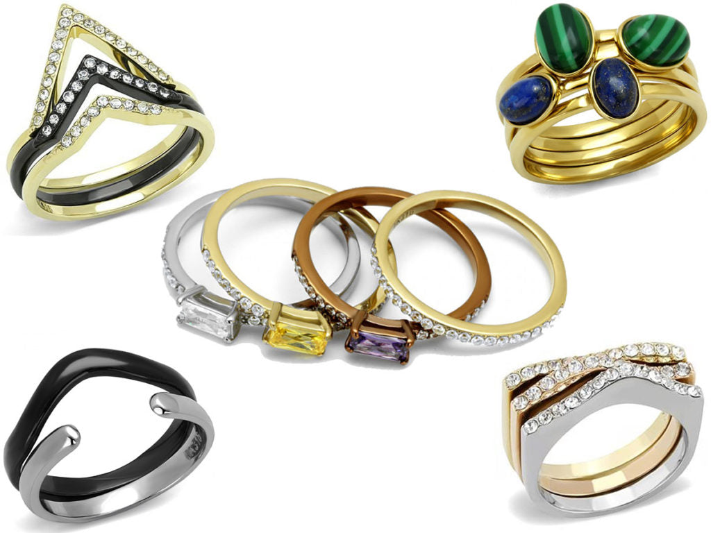 5 Sets of Ceri Jewelry Stackable Fashion Rings of different colors and designs