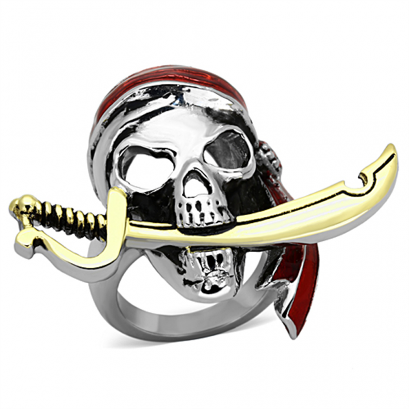 Unisex Stainless Steel Two-Tone IP Gold Epoxy Siam Pirate Sword Skull Ring From CeriJewelry