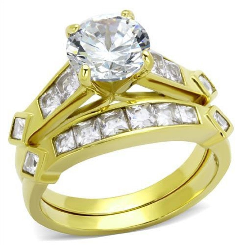 CJ8X040 Wholesale Women's Stainless Steel IP Gold AAA Grade CZ Clear Ring Set
