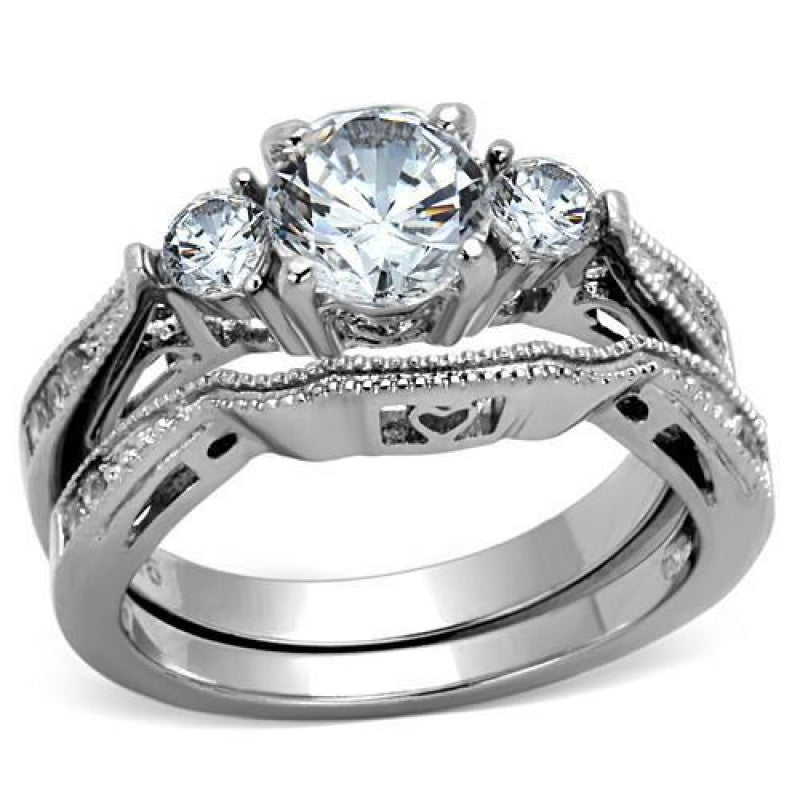 Stainless Steel AAA Grade CZ Clear Three Stone Wedding Ring Set from CeriJewelry