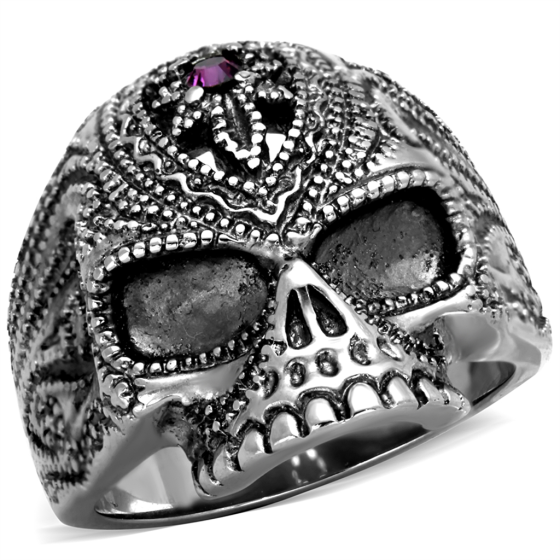 Amethyst Stainless Steel Skull Mens Ring