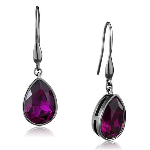 Stainless Steel IP Light Black Violet Rhinestone Tear Drop Earrings