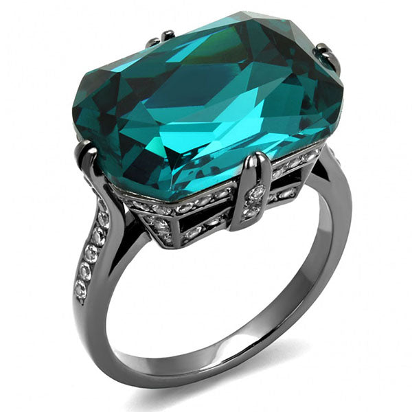 CeriJewelry CJE2998 Wholesale Womens Stainless Steel IP Light Black Top Grade Crystal Blue Zircon Ring