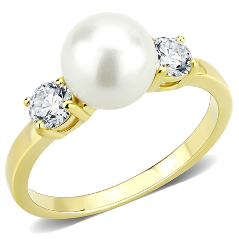 Stainless Steel IP Gold Synthetic Minimal White Pearl Ring from CeriJewelry