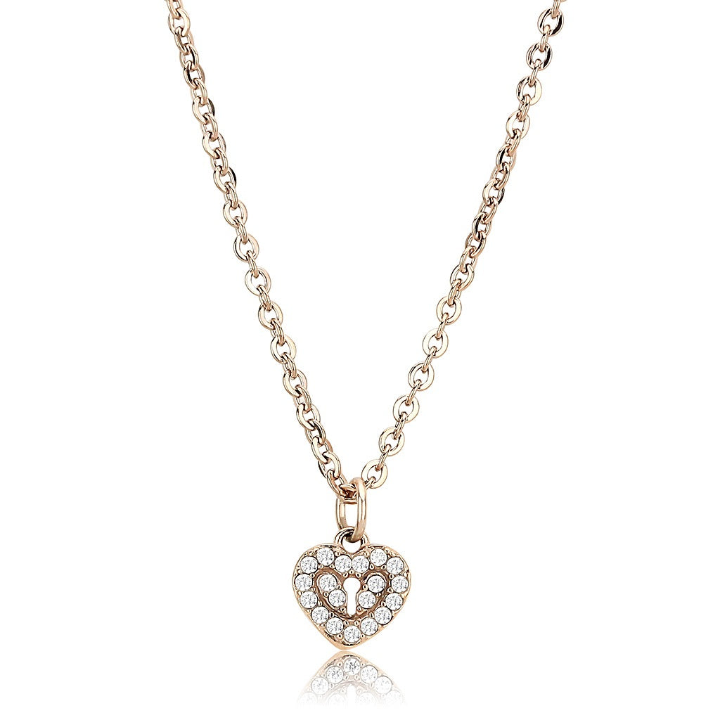 CeriJewelry Rose Gold Plated Stainless Steel CZ Clear Lock Heart Chain Pendant