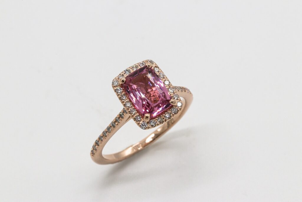 Rose Gold Cushion Cut Pink Sapphire and Diamond Engagement Ring
