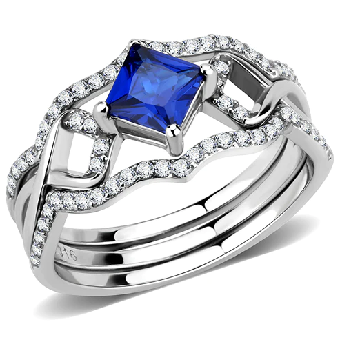 WHOLESALE WOMEN'S STAINLESS STEEL SPINEL LONDON BLUE WEDDING RING STACKABLE SET