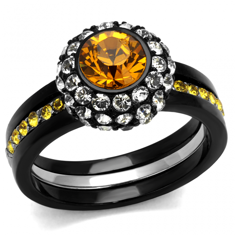 CJE2783 Wholesale Topaz Crystal Two Tone IP Black Stainless Steel Ring