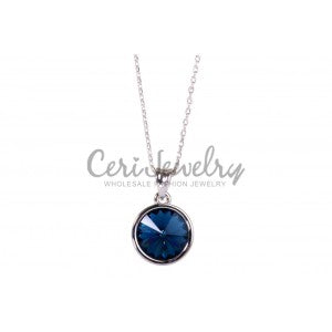 Brilliant Round Navy Blue Swarovski Crystal Elements Rhodium Plated Pendant Necklace