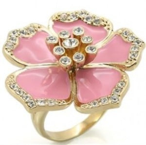Gold Plated Pink Enamel Austrian Crystal Floral Ring