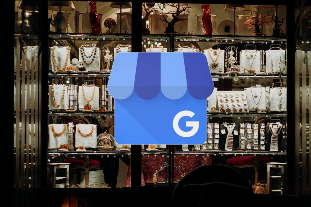 jewelry shop display at night with the logo of Google Business Profile