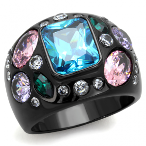 Aqua CZ Black Ion Stainless Steel Ring