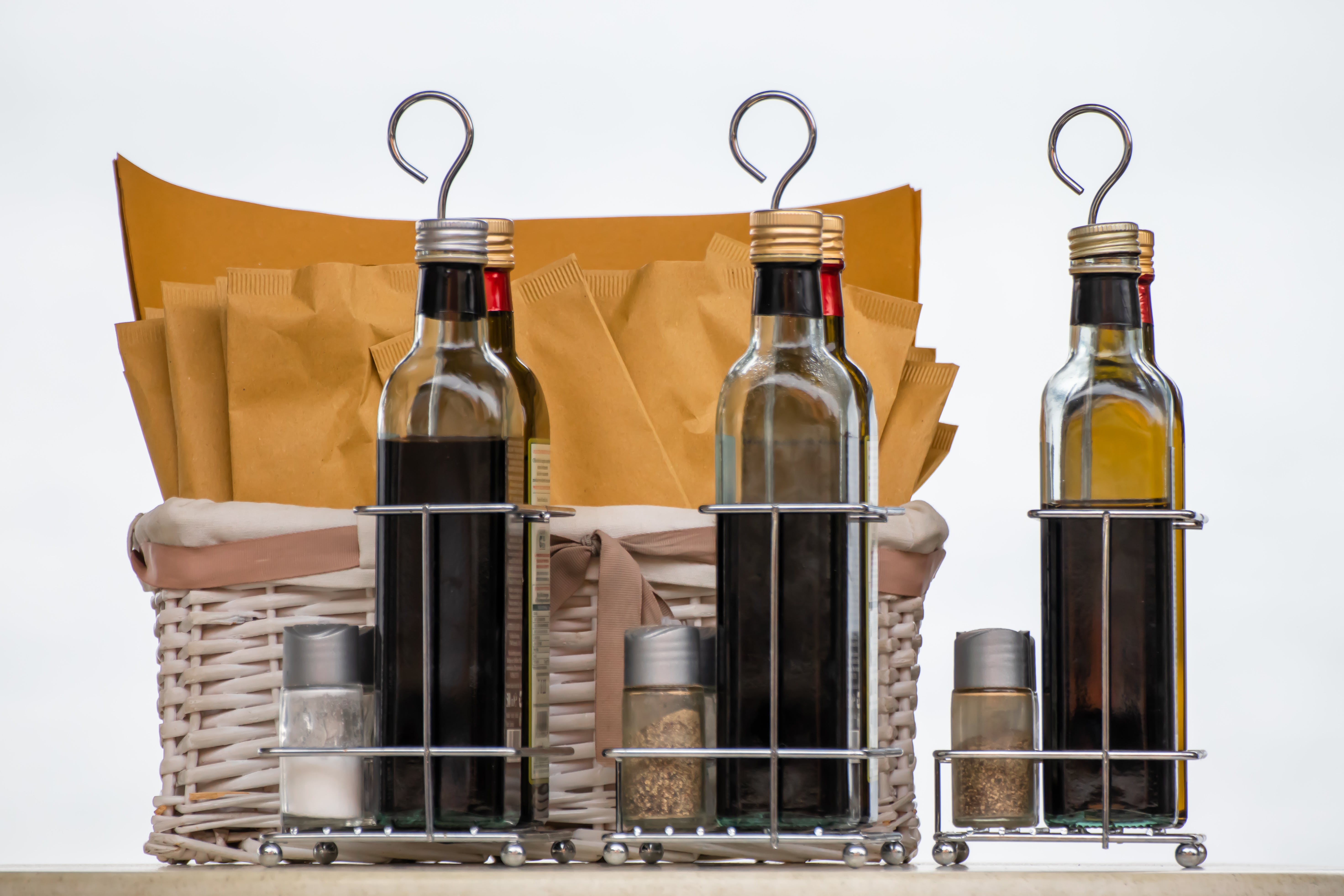 condiments in bottles and holders