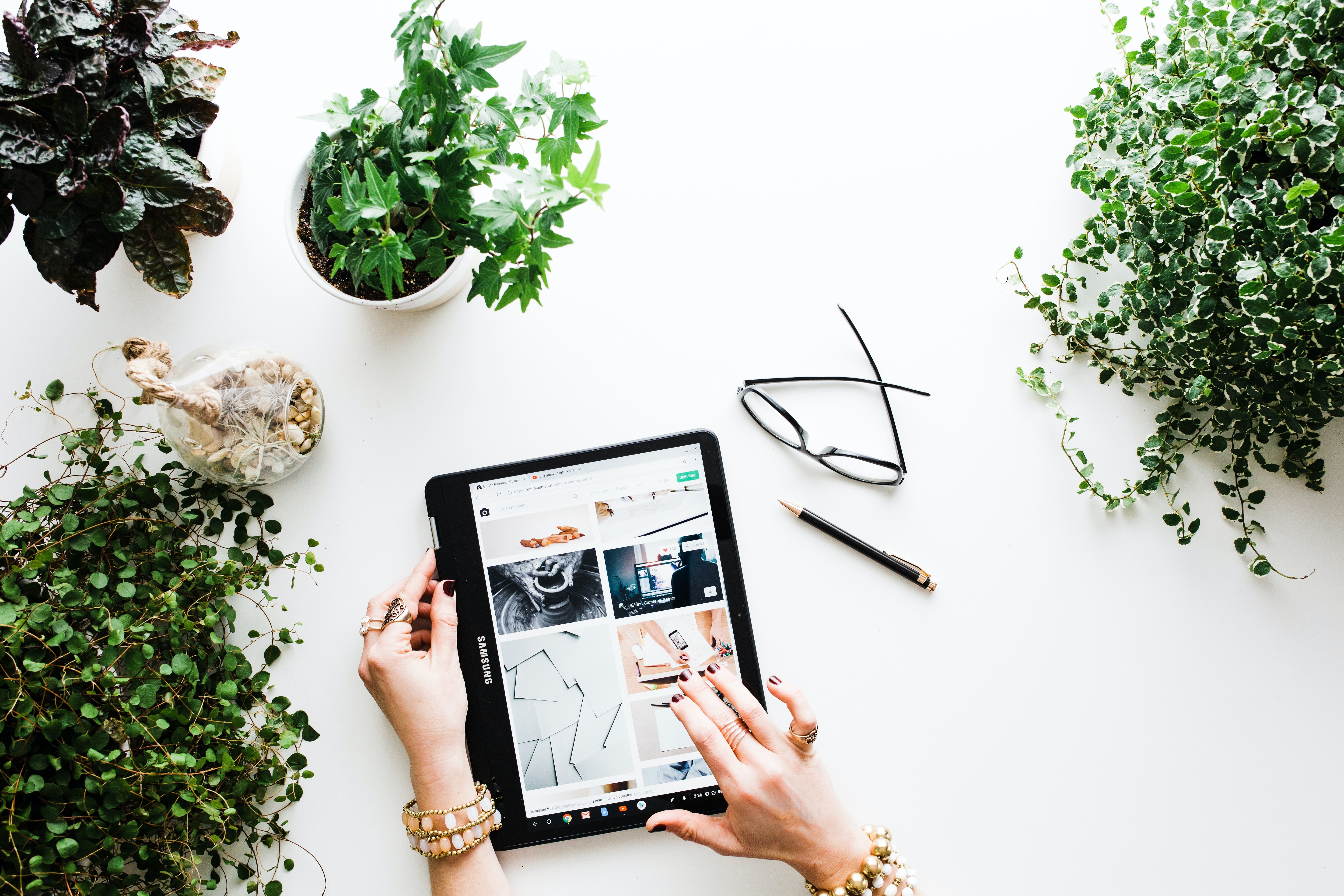 woman browsing in an online shop using tablet on a table with pots of plants