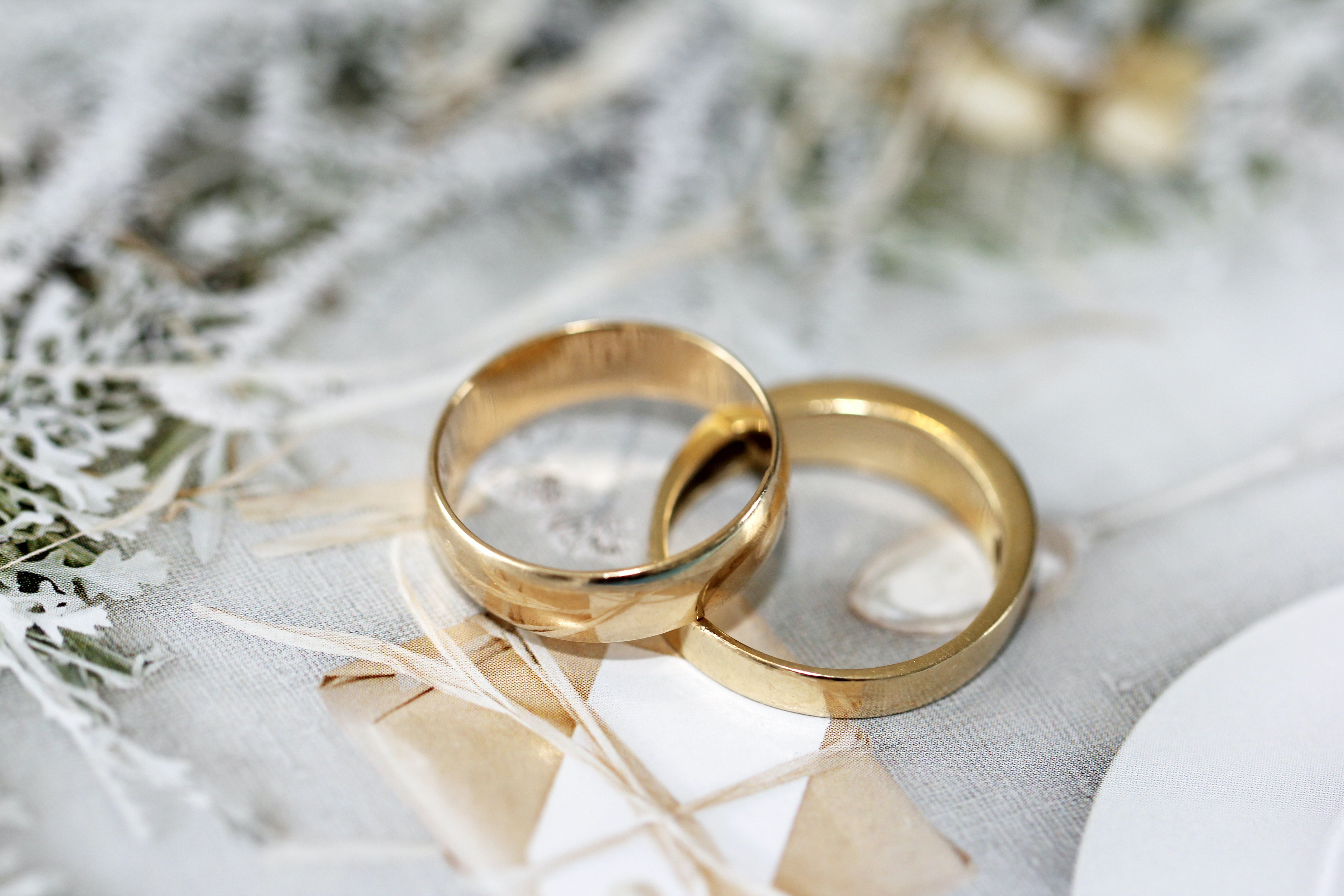 macro photography of yellow gold wedding bands with frosted fern at the background