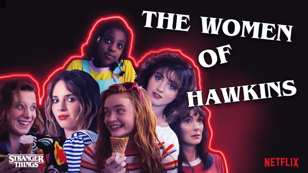 Photo collage of female characters of Stranger Things with text that reads The Women of Hawkins