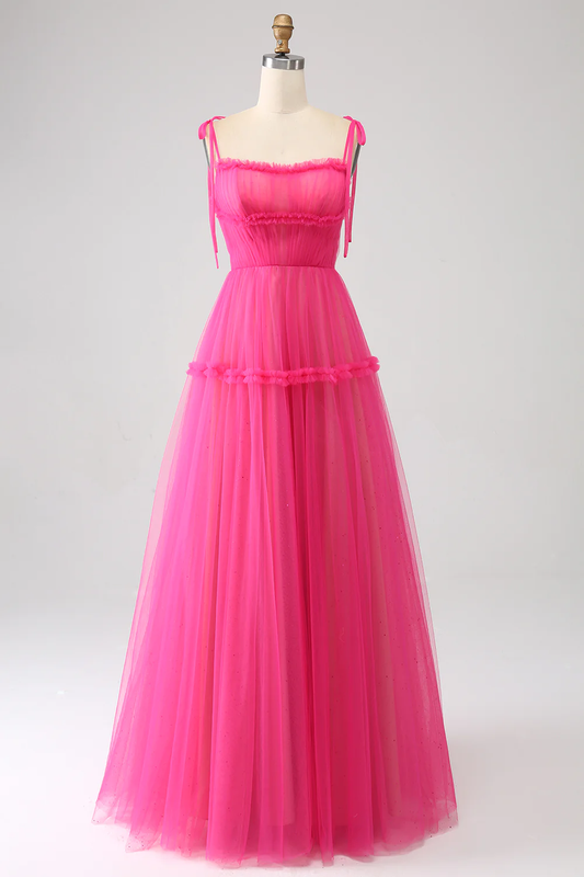New Arrival Hot Pink Spaghetti Straps Floor Length Prom Dress With Ruf –  cherishgirls