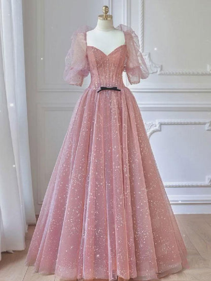 Pink A-line tulle lace long prom dress, pink lace formal dress,DS1952