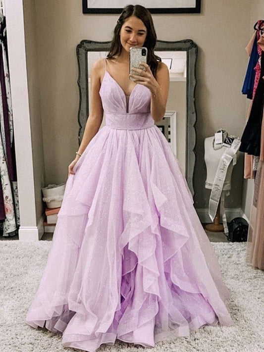 Purple tulle lace v neck long prom dress, purple evening dress