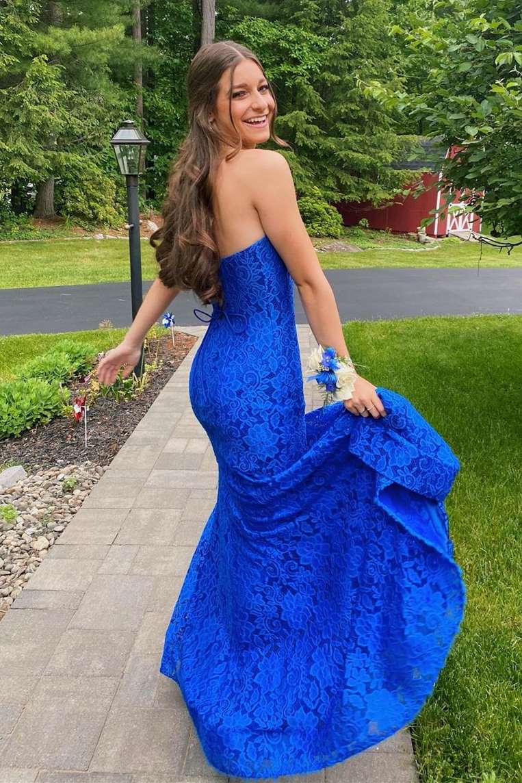 Strapless Royal Blue Lace Prom Dress with Slit,DS0616