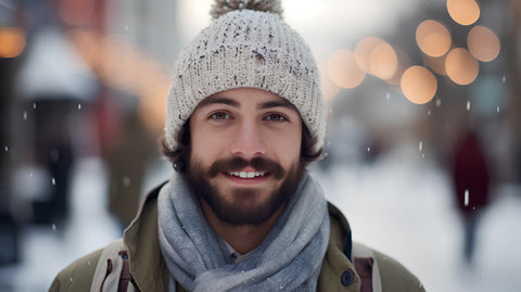 young man smiling outside during winter