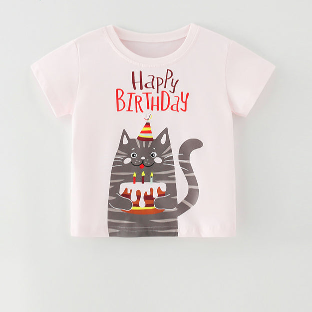 Girls Birthday Cat Print T-Shirt Wholesale Toddler T Shirts