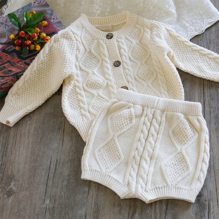 Twist Knitted Sweater Cardigan And Shorts Wholesale Baby Clothes Sets