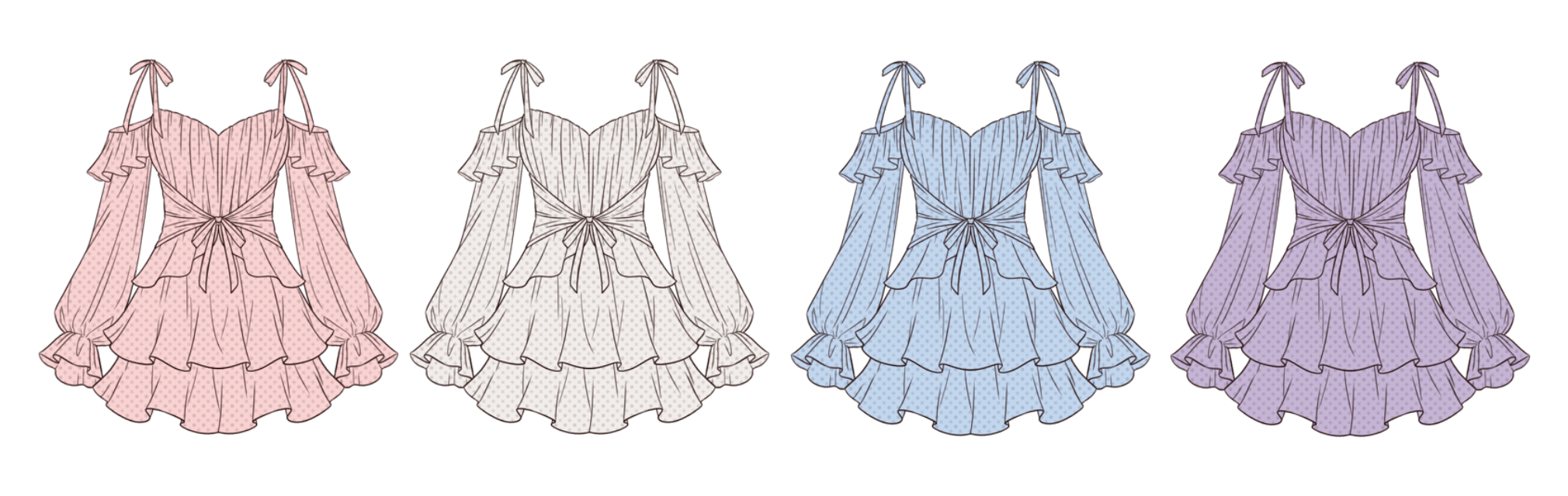 Sketches of the Euphemia dress in pink, ivory, pastel blue, and lilac purple