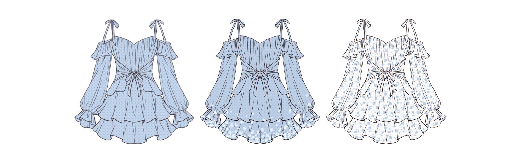 Sketches of the Euphemia dress in three different prints