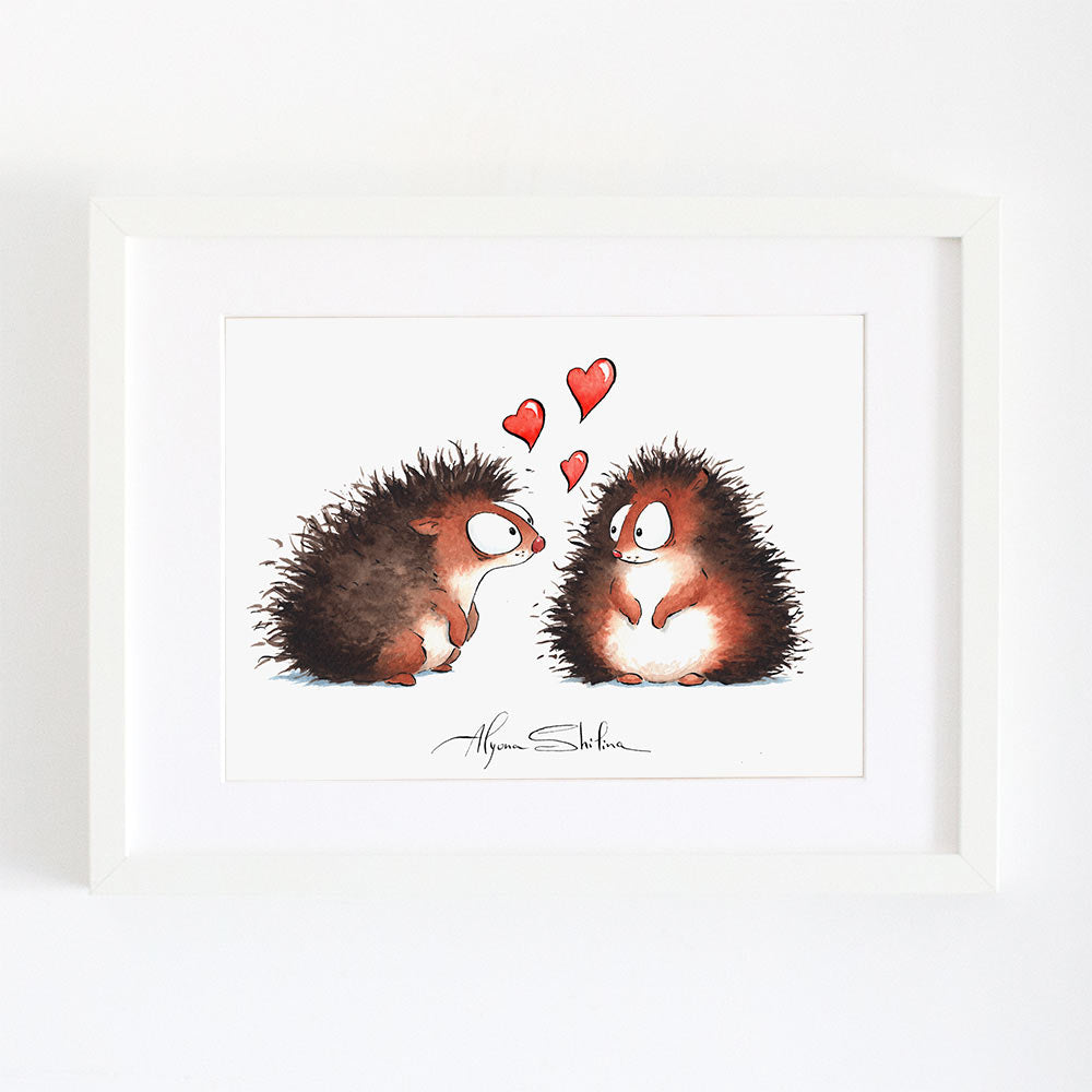 Wall art print with cute hedgehogs in love design