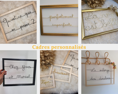 cadre personnalisé citation phrase inspirante en fil doré, fleurs séchées, artisanat d'art, fil d'aluminium, art calligraphique filaire, artiste Guérande