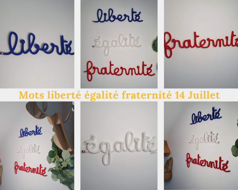 Mots liberté, égalité, fraternité en fil de coton laine tricotin, artiste guérandaise, collaboration artistique musée, oeuvre artistique originale fresque murale unique et personnalisée