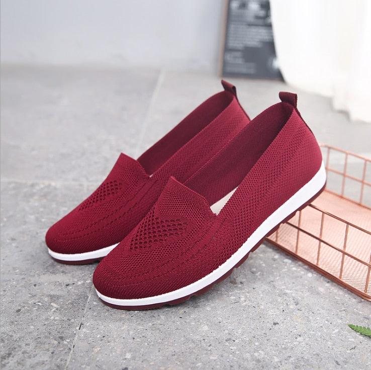 Mothers shoes, fabric loafers for women, casual sneakers for spring and summer, flat heels, breathable flat shoes - Red