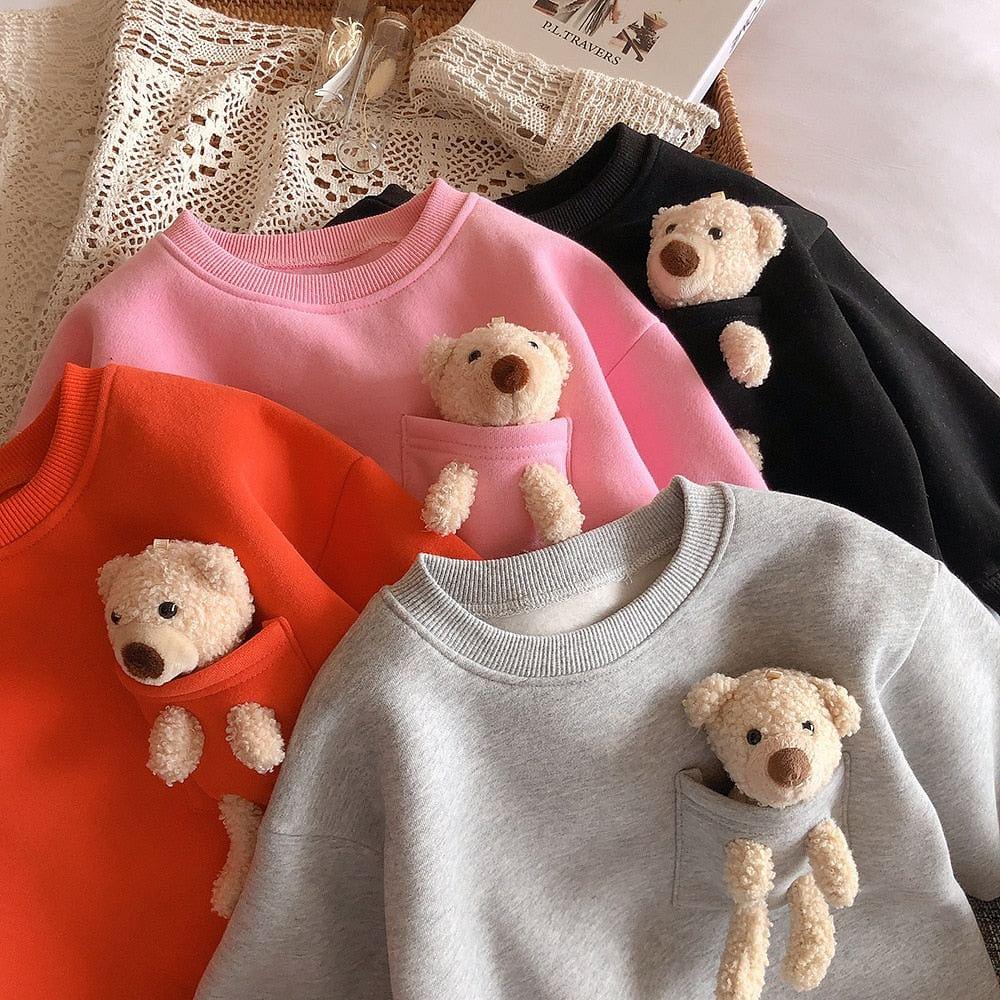 Girls Fashion Bear Hoodies Kids Candy Color Warm Fleece Tops