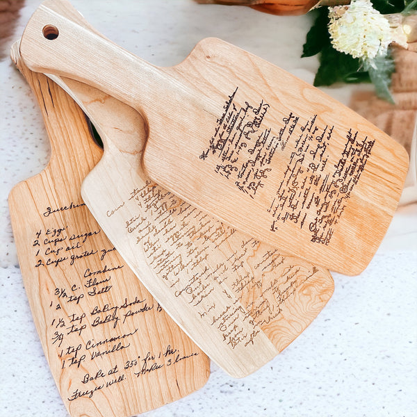 Engraved handwriting cutting board by Script and Grain
