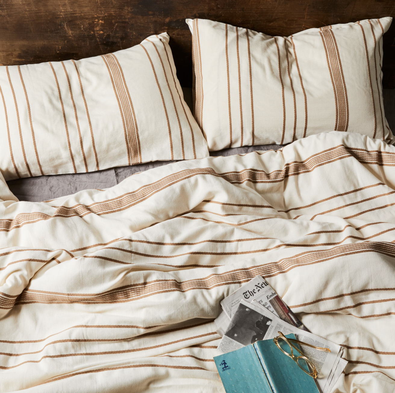 cream and chestnut striped bedding