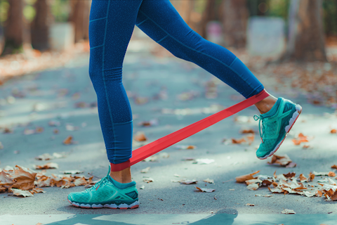 woman stretching legs with resistance bands