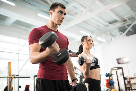 Two people in the gym using dumbbells